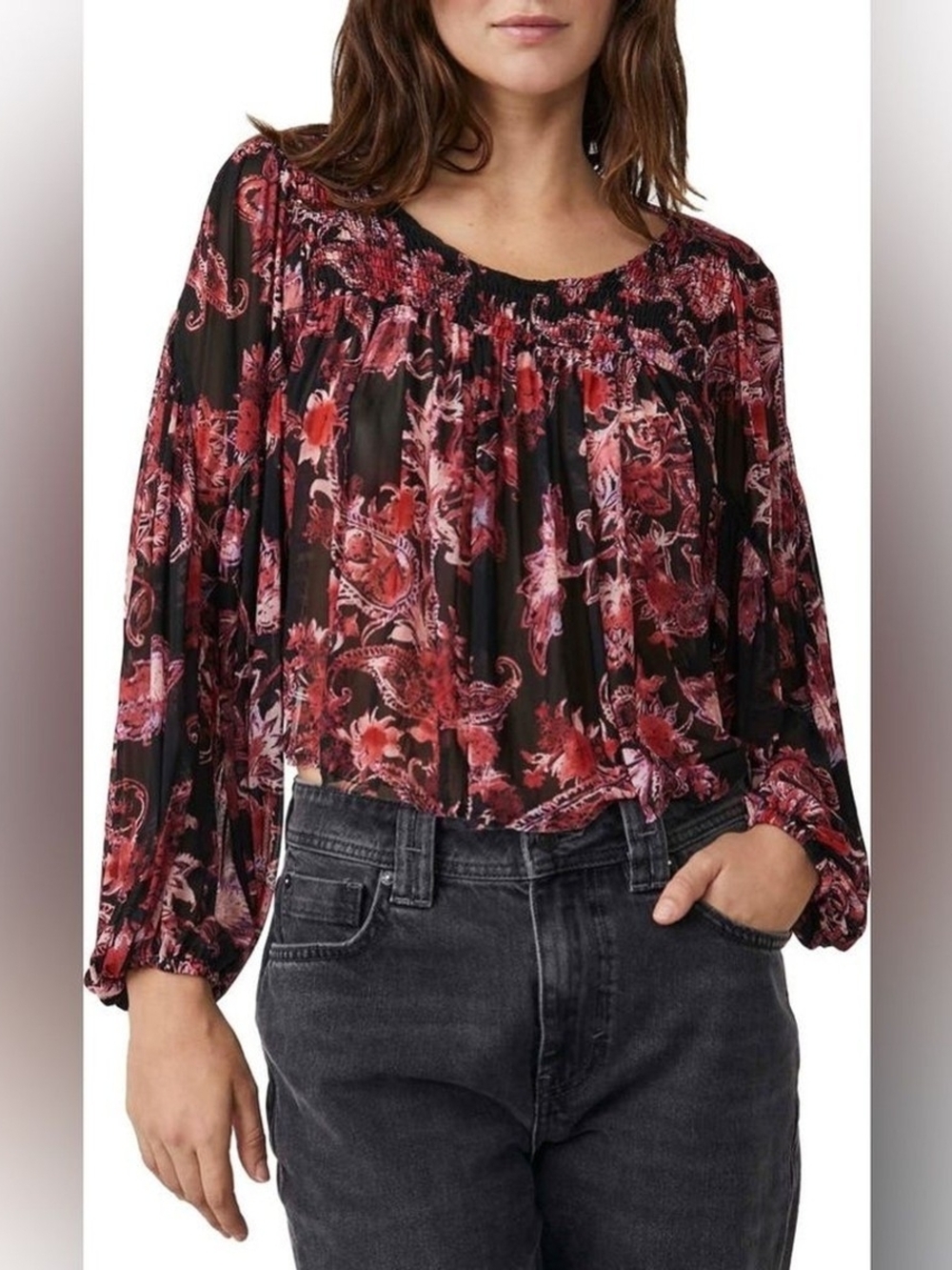Free People Up For Anything Western Black & Burgundy Floral Top